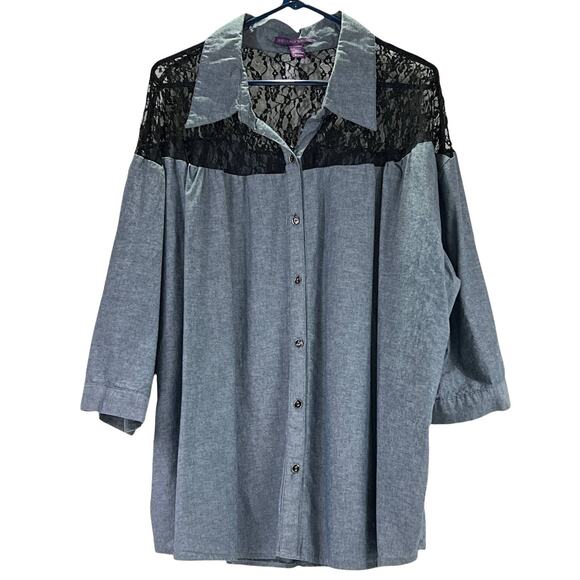 Beverly Drive Chambray & Lace Blouse Tunic 3/4 Roll Tab Plus 20-22W Blue Black - Picture 1 of 12